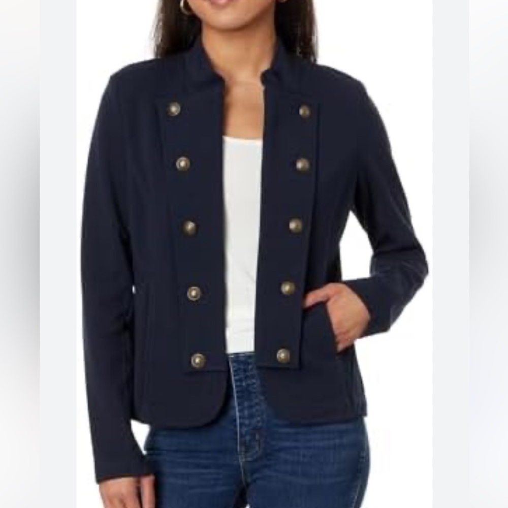 Tommy Hilfiger long sleeve Navy solid band jacket open front with logo buttons.